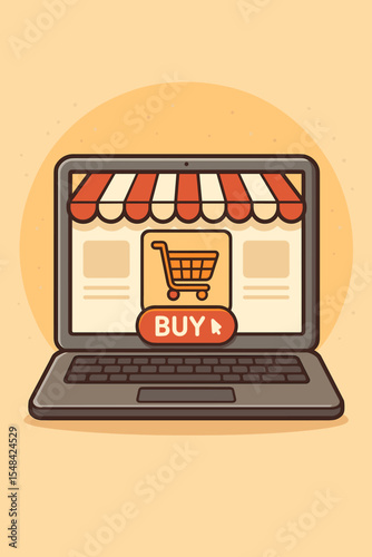 E-commerce and online shopping vector concept. Laptop computer screen with webshop, storefront awning, shopping cart icon and buy button. Digital marketing internet retail business.