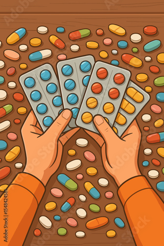 Concept of overmedication, polypharmacy or drug addiction. Hands holding blister packs over a table full of colorful pills, tablets and capsules. Medical healthcare vector illustration.
