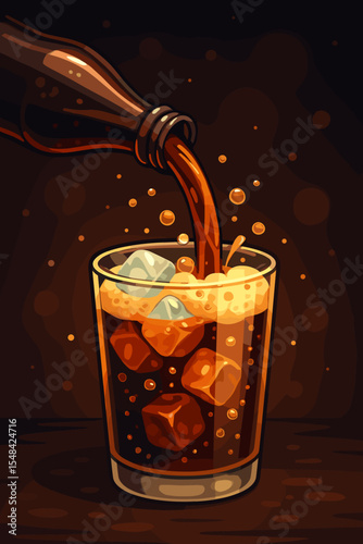 Pouring cola soda from a bottle into a glass with ice cubes. Refreshing fizzy carbonated drink with bubbles and foam. Cold beverage vector cartoon illustration for a party or menu.