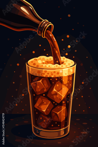 Pouring cola from bottle into glass with ice cubes. Refreshing soda pop drink with fizz, foam and bubbles. Cold carbonated beverage concept. Vector cartoon illustration on dark background.