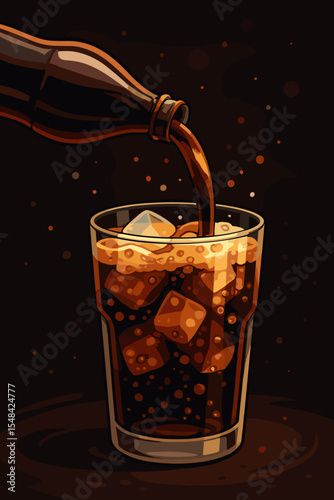 Pouring chilled cola from a bottle into a glass with ice cubes and fizzy bubbles. Refreshing soda pop vector illustration. Carbonated soft drink on a dark background concept art.