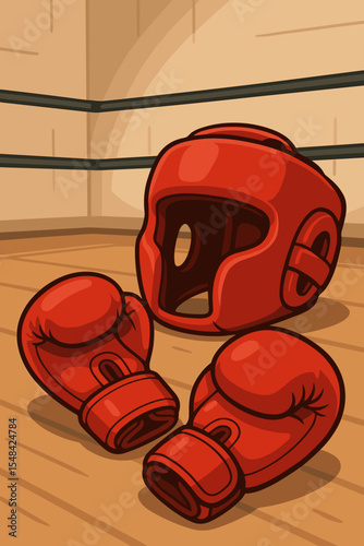 Red boxing gloves and protective headgear in a boxing ring corner. Vector illustration of combat sport equipment for training, workout, martial arts, kickboxing, and MMA fight.