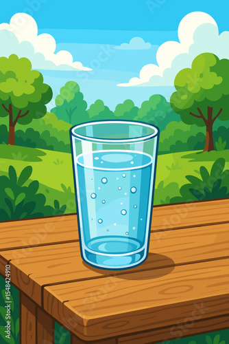 Refreshing glass of pure water on a wooden table outdoors. Sunny summer park background with green trees. Healthy lifestyle, hydration, thirst, and purity concept. Cartoon vector.