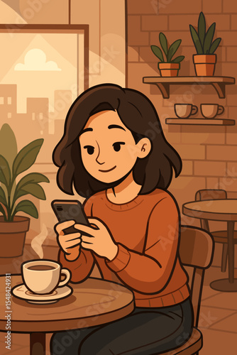 Relaxed woman using smartphone in cozy coffee shop. Young girl smiling, texting messages, browsing social media. Character enjoying coffee break. Modern digital lifestyle concept.