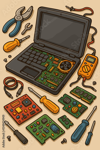 Laptop repair service concept. Disassembled computer with electronic components, motherboard, and tools. Vector cartoon illustration of tech maintenance, hardware upgrade, and DIY diagnostics.