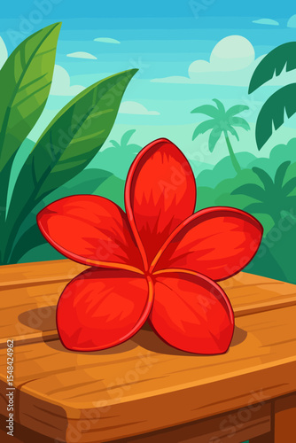 Red plumeria flower on a wooden table with a tropical jungle background. Exotic frangipani blossom for a summer vacation concept. Vector cartoon illustration for travel or spa.