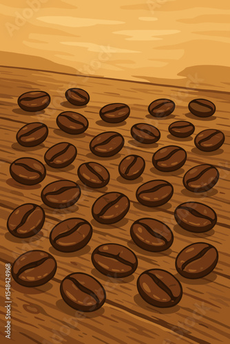Roasted coffee beans scattered on a rustic wooden table background. Vector cartoon illustration concept for cafe menu, packaging, or beverage advertising. Aromatic espresso grain.