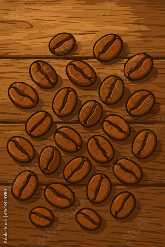 Roasted coffee beans scattered on a rustic wooden table background. Top view vector illustration of aromatic arabica beans. Concept for coffee shop menu, cafe, beverage, or food.