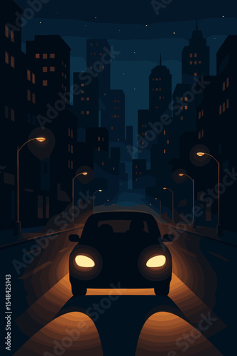 Urban Night Car Silhouette, City Street Drive, Glowing Headlights, Modern Metropolis Skyline, Streetlights, Nighttime Traffic, Downtown Journey, Vector Illustration, No Text