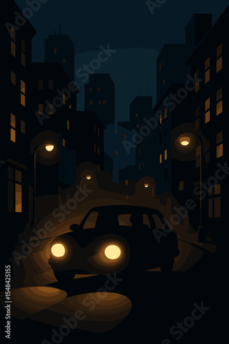 Night city street urban scene with glowing car headlights. Dark cityscape silhouette, car driving downtown, illuminated windows, streetlights, mysterious atmosphere, vector illustration
