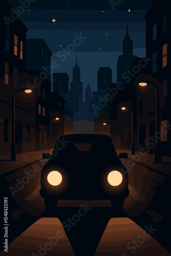 Urban night city street with car silhouette, glowing headlights, illuminated buildings, lamp posts, modern skyline, vector illustration, moody atmosphere, nighttime drive, no text elements