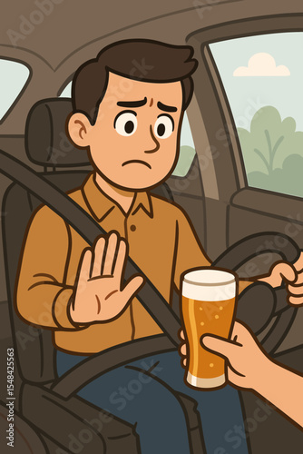 Responsible sober driver refuses alcoholic beverage while sitting in car, rejecting drink, promoting safe driving, alcohol prevention, safety awareness, cartoon vector illustration