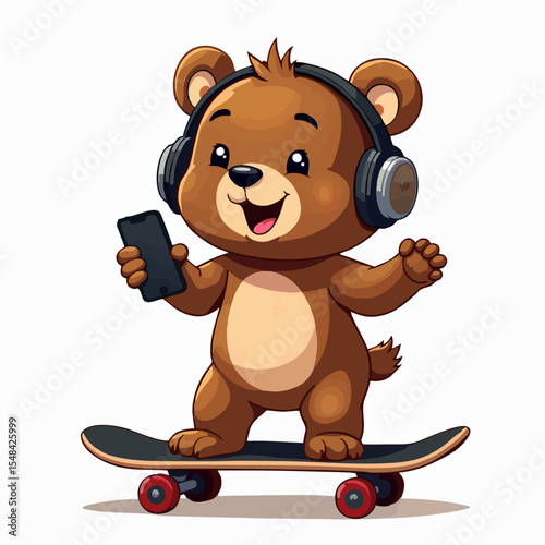 Vector fashion design for children t-shirt. Cute teddy bear on skateboard with mobile phone isolated on white background. Cartoon print for fabric, clothing for boy and girl.
