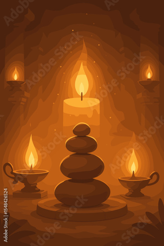 Serene Temple Meditation Scene with Glowing Candlelight, Stacked Zen Stones, Oil Lamps, Tranquil Spiritual Atmosphere, Mindfulness, Harmony and Inner Peace Vector Illustration