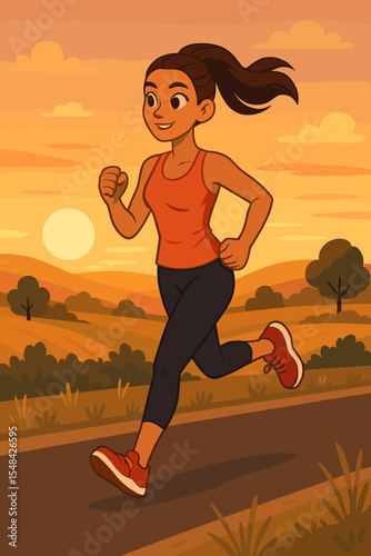 Athletic woman jogging on rural road at sunset, fitness exercise outdoors, healthy lifestyle concept, cartoon runner illustration, countryside landscape, summer evening, active training vector
