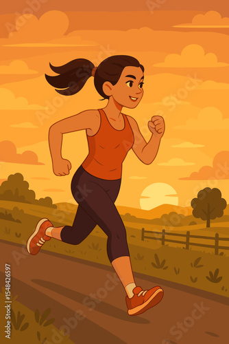 Athletic woman jogging on countryside path at sunset. Fitness training outdoors. Healthy lifestyle concept. Cartoon vector illustration. Running exercise, outdoor activity, evening rural landscape