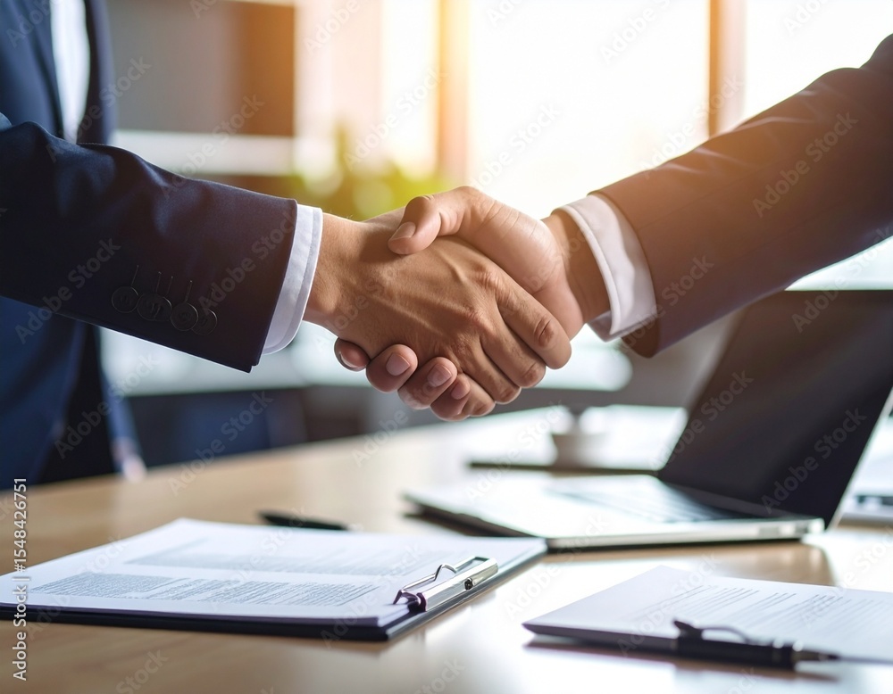 Accord professionnel entre deux collègues dans un bureau moderne – poignée de main et contrat signé