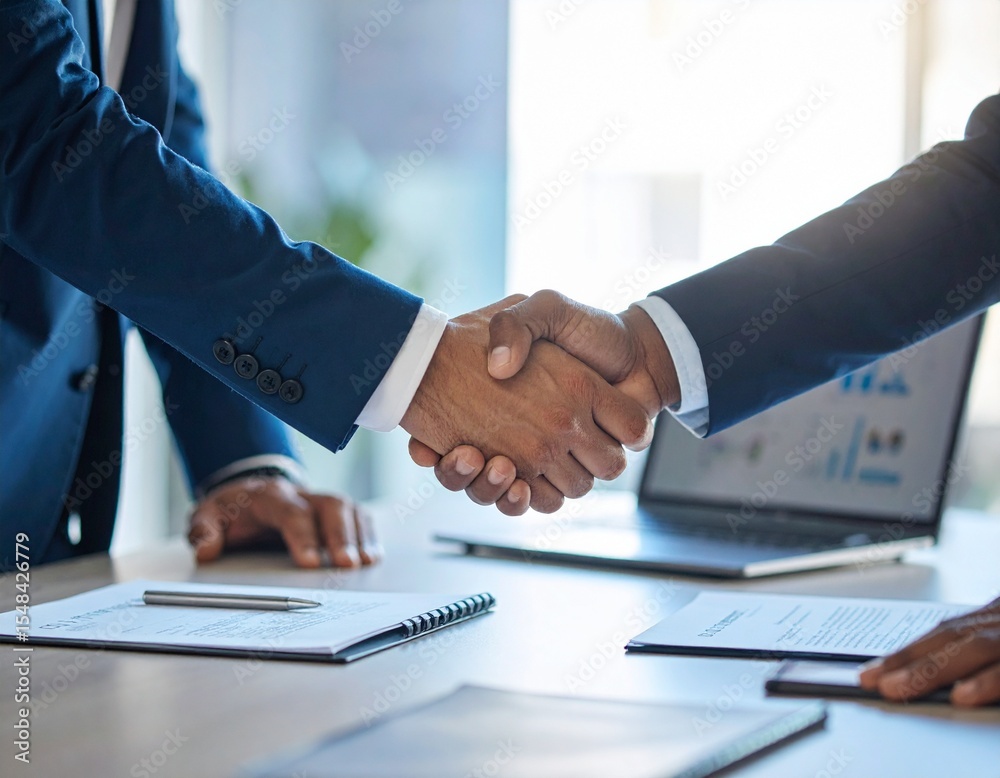 Accord professionnel entre deux collègues dans un bureau moderne – poignée de main et contrat signé
