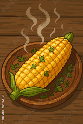 Hot Steaming Ear of Sweet Corn on Wooden Plate with Fresh Herbs. Tasty Cooked Vegetable Food. Rustic Farmhouse Kitchen Table. Vector Cartoon Illustration for Harvest, Autumn, Thanksgiving, Recipe