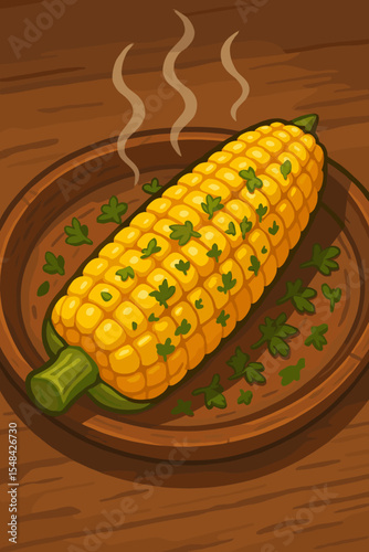 Hot Steaming Ear of Sweet Corn on Rustic Wooden Plate with Fresh Green Herbs, Delicious Cooked Vegetable, Healthy Farm Food, Tasty Summer Snack, Vector Cartoon Illustration