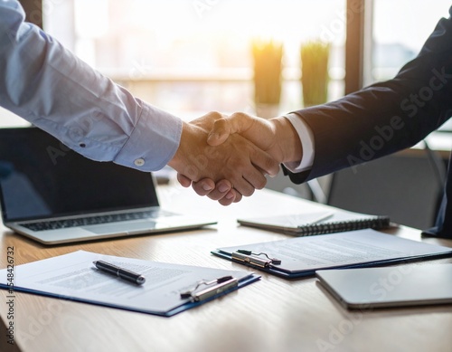 Accord professionnel entre deux collègues dans un bureau moderne – poignée de main et contrat signé