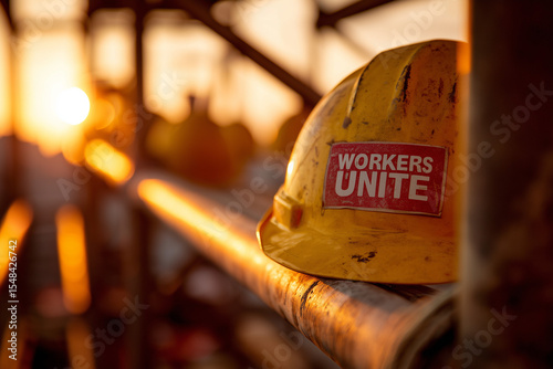 Yellow hardhat workers unite sticker construction site at sunset