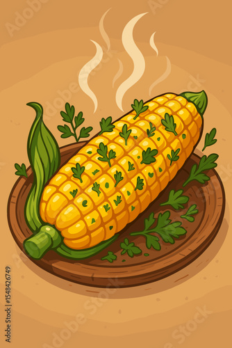 Steaming hot ear of sweet corn with fresh herbs on rustic wooden plate. Grilled corn on the cob. Vegan picnic food. Summer vegetable snack. Cartoon vector illustration for kitchen poster or menu