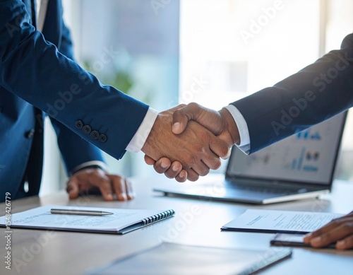 Accord professionnel entre deux collègues dans un bureau moderne – poignée de main et contrat signé