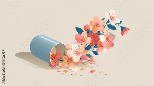 Minimal vector of broken capsule with blooming flowers symbolizing overdose awareness and recovery