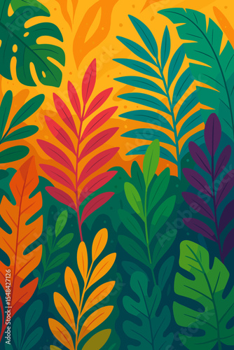 Lush vibrant tropical foliage background. Colorful exotic jungle leaves pattern. Botanical nature illustration. Summer rainforest greenery. Leaf seamless vector backdrop for creative design projects