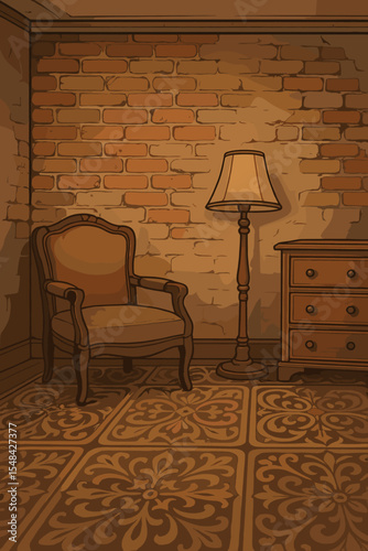 Vintage interior room with antique armchair, ornate patterned tile floor, weathered brick wall, classic dresser and floor lamp. Cozy retro home decor, elegant living space vector illustration