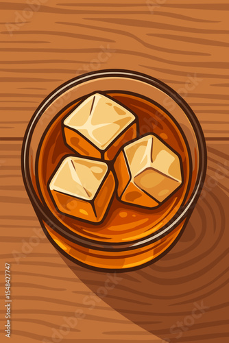Classic whiskey bourbon on the rocks, top view. Glass with ice cubes on wooden background. Realistic vector cartoon illustration. Alcoholic beverage, bar menu, cocktail, relaxing drink concept
