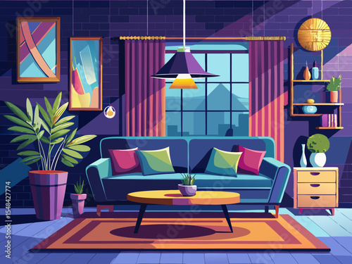 vector of The interior of a stylish living room with a dark sofa and beautiful paintings of modern decoration...