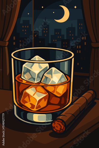 Whiskey on the Rocks with Cigar Nightcap. Elegant Cartoon Vector. Glass of Whiskey and Ice Cubes in Luxurious Night City Bar Scene. Sophisticated Evening Lounge, Urban Relaxation Concept