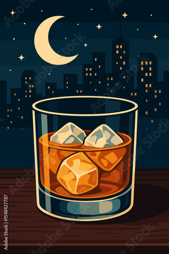 Whiskey on the Rocks Glass with Ice Under Night Sky, City Skyline View, Moonlit Evening, Sophisticated Cocktail, Urban Bar, Modern Vector Illustration, Nightlife Beverage Scene
