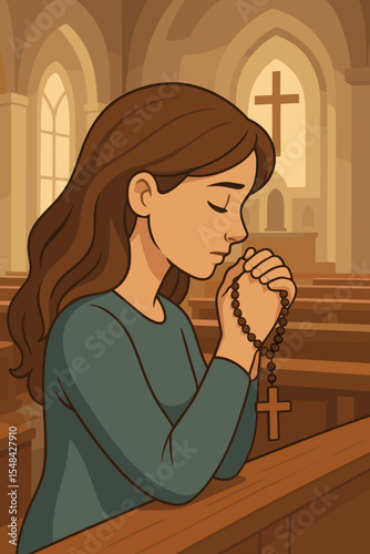 Devout Woman Praying with Rosary and Wooden Cross in Church Interior, Faith and Spirituality Vector Illustration, Christian Worship, Religion, Hope, Peaceful Sacred Sanctuary, Prayer Concept Art