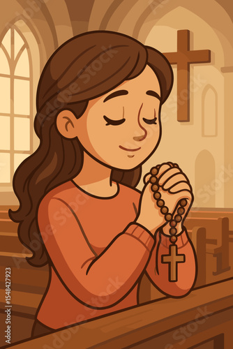 Woman Praying Holding Rosary Beads with Wooden Cross in Church Interior, Christian Faith Spiritual Worship, Religion, Peaceful Devotion, Hopeful Cartoon Vector Illustration, Prayer in Sacred Place