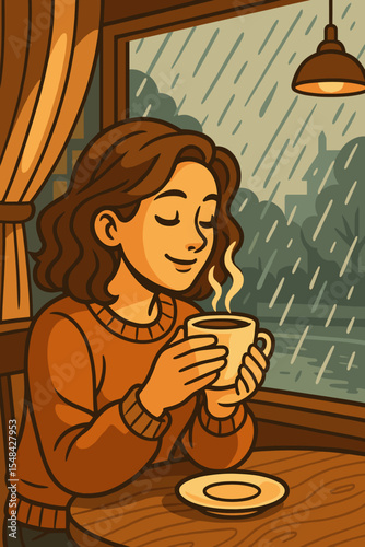 Cozy cafe scene with woman enjoying hot coffee indoors on rainy day, warm atmosphere, relaxation, autumn comfort, leisure time, vector cartoon illustration for coffee lovers and hygge lifestyle