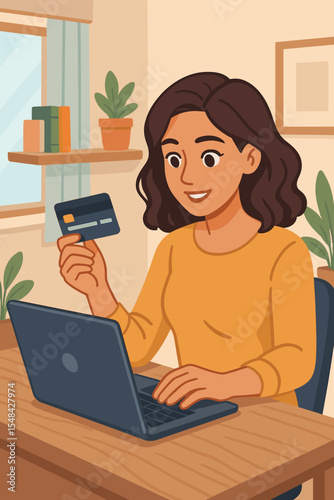 Woman Shopping Online with Credit Card at Home Office Desk, Secure Payment Transaction, E-Commerce, Digital Banking, Remote Work, Financial Technology, Modern Lifestyle, Vector Illustration