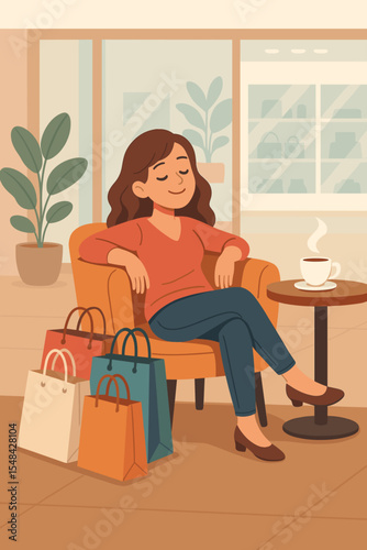 Satisfied woman with shopping bags relaxing in a comfortable armchair in a mall cafe. Happy customer taking a coffee break after shopping. Retail therapy, leisure, and lifestyle concept.