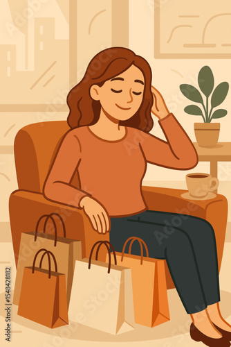 Woman relaxing with shopping bags in cozy modern cafe lounge, stylish female shopper resting after retail therapy, warm interior, coffee cup, plant, urban window view, leisure lifestyle concept