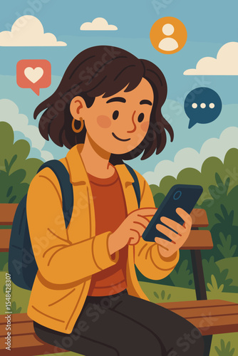 Young woman using smartphone for social media on a park bench. Girl texting, chatting, online dating. Concept of digital communication, networking, mobile app, virtual life. Vector