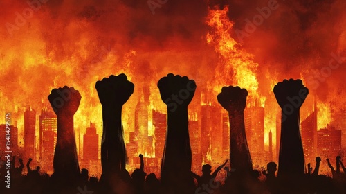 Silhouette of Raised Fists Against Burning Cityscape Representing Revolt and Civil Unrest