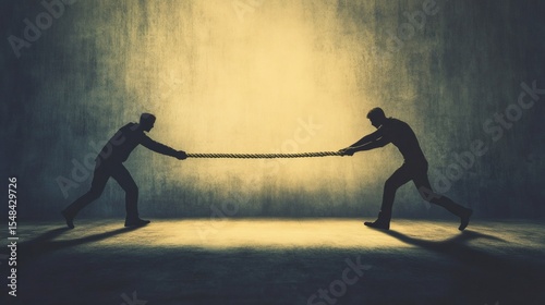 People Silhouettes Pulling a Rope in Tug of War Competition against Textured Wall