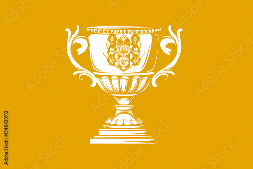 Achievement cup vector logo design with gold and white pedestal