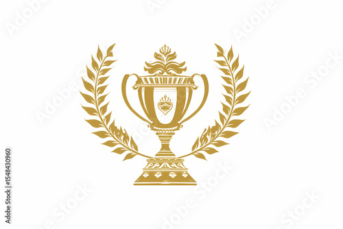 Achievement cup vector logo design with gold and white pedestal