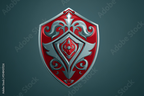 Achievement shield vector logo design in heraldic style with red and silver colors and crest elements