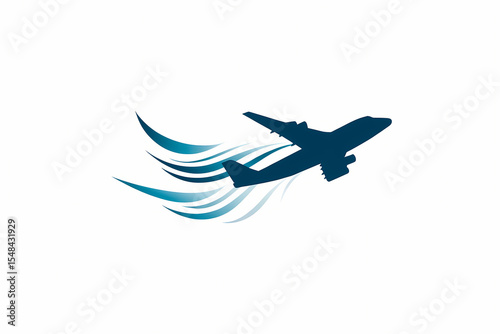 Minimalist airplane silhouette with abstract wing motifs, speed design in blue and white