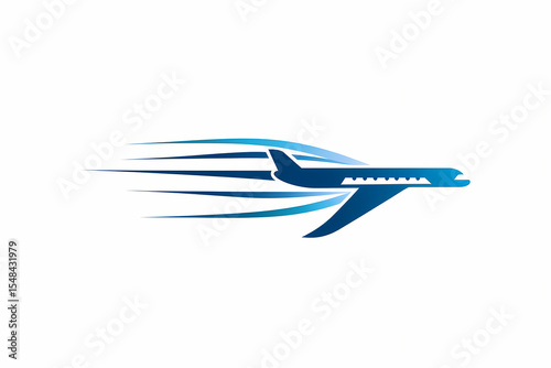 Minimalist airplane silhouette with abstract wing motifs, speed design in blue and white
