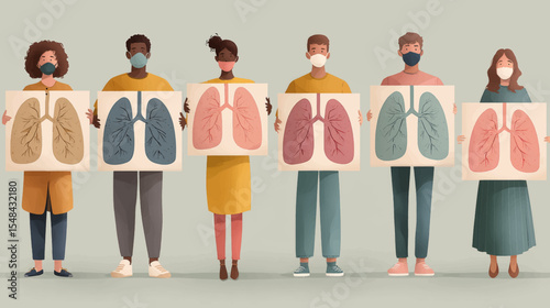 Diverse People Holding Lung Posters for World Lung Cancer Awareness Campaign on Flat Background